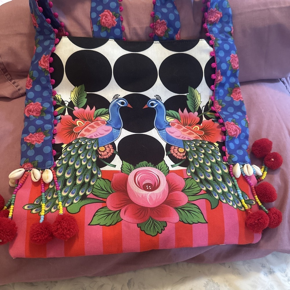 Khaadi Pakistani truck art tote bag featuring vibrant peacock and flowers